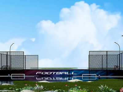 Outdoor Basketball Court With Blue Sky White Clouds Green Grass Wire Mesh Fence And Billboard 3d model