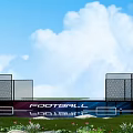 Outdoor Basketball Court With Blue Sky White Clouds Green Grass Wire Mesh Fence And Billboard