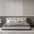 Modern Double Bed Bedroom Interior With Gray Headboard Vertical Striped Wall And Pillows 3d model