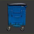 Blue Wheeled Trash Bin With Lid And Worn Exterior Details