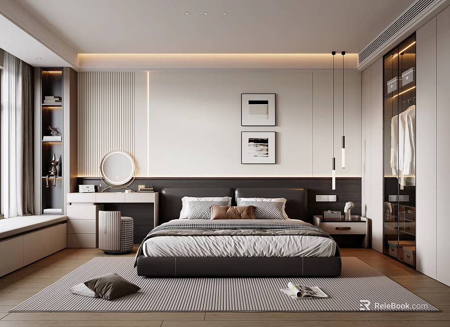 Modern Bedroom Interior With Bed Nightstand Wardrobe And Ambient Lighting 3d model 