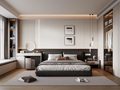 Modern Bedroom Interior With Bed Nightstand Wardrobe And Ambient Lighting 3d model