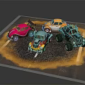 Colorful Cartoon Style Cars With Various Designs Parked On Gravel Parking Lot Surface
