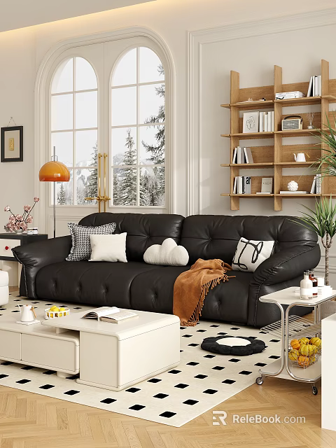 Black Leather Loveseat With Decorative Pillows And Brown Blanket In Cozy Living Room Snowy View 3d model 