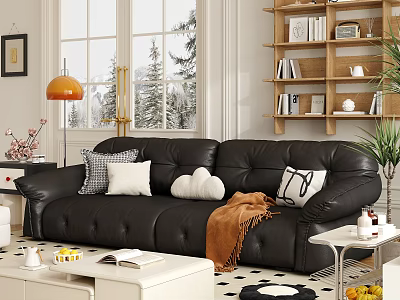Black Leather Loveseat With Decorative Pillows And Brown Blanket In Cozy Living Room Snowy View 3d model