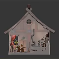 Cartoon Cozy Small House Interior Scene With Wooden Furniture Fireplace And Window Curtains