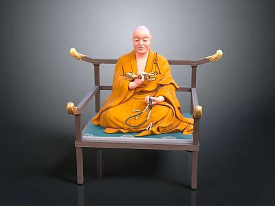 Game Movie Monk Character In Yellow Robe Sitting On Wooden Chair With Prayer Beads 3d model