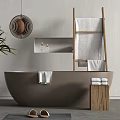 Modern Minimalist Bathroom Bathtub With Wooden Ladder Towels Slippers And Plant