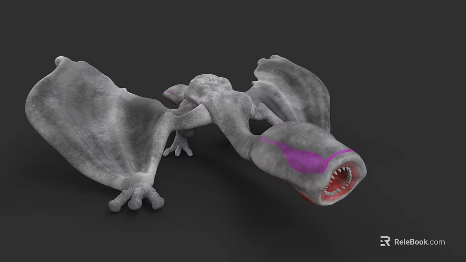 3D Reptile Model with Gray Body Purple Spots Open Mouth Sharp Teeth and Spread Wings 3d model 