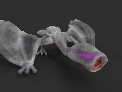 3D Reptile Model with Gray Body Purple Spots Open Mouth Sharp Teeth and Spread Wings 3d model