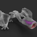 3D Reptile Model with Gray Body Purple Spots Open Mouth Sharp Teeth and Spread Wings
