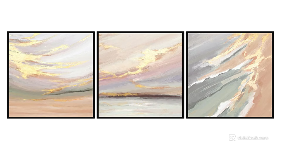 Three Panel Abstract Wall Art With Golden Beige Gray Tones For Home Decor 3d model 