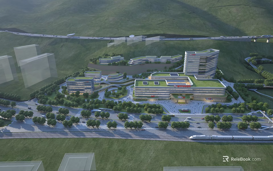 Aerial View Planning of Modern Buildings With Green Roofs and Surrounding Green Spaces 3d model 