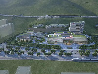 Aerial View Planning of Modern Buildings With Green Roofs and Surrounding Green Spaces 3d model
