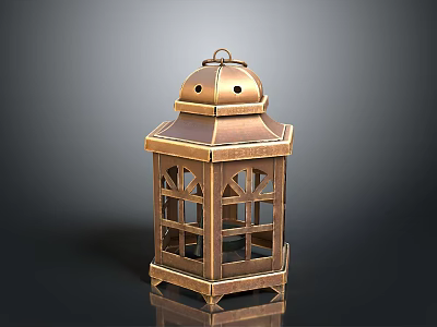 Vintage Brass Lantern With Hexagonal Structure Glass Panels And Hanging Loop 3d model