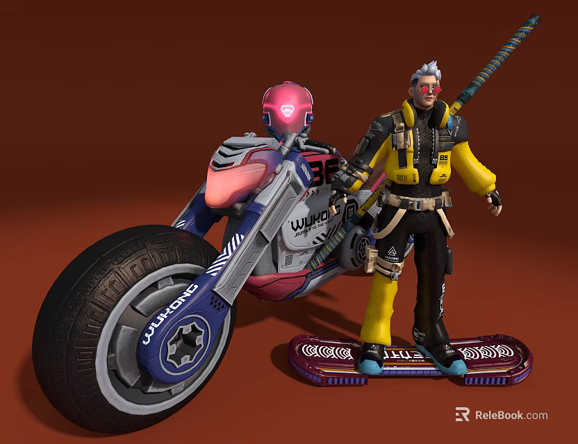 Ornament Decoration Set Featuring Yellow Black Character Motorcycle Model Long Staff And Red Base 3d model 