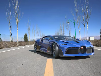 Stunning Blue Bugatti Sports Car Parked On Road With Trees And Clear Blue Sky 3d model Stunning Blue Bugatti Sports Car Parked On Road With Trees And Clear Blue Sky 3d model