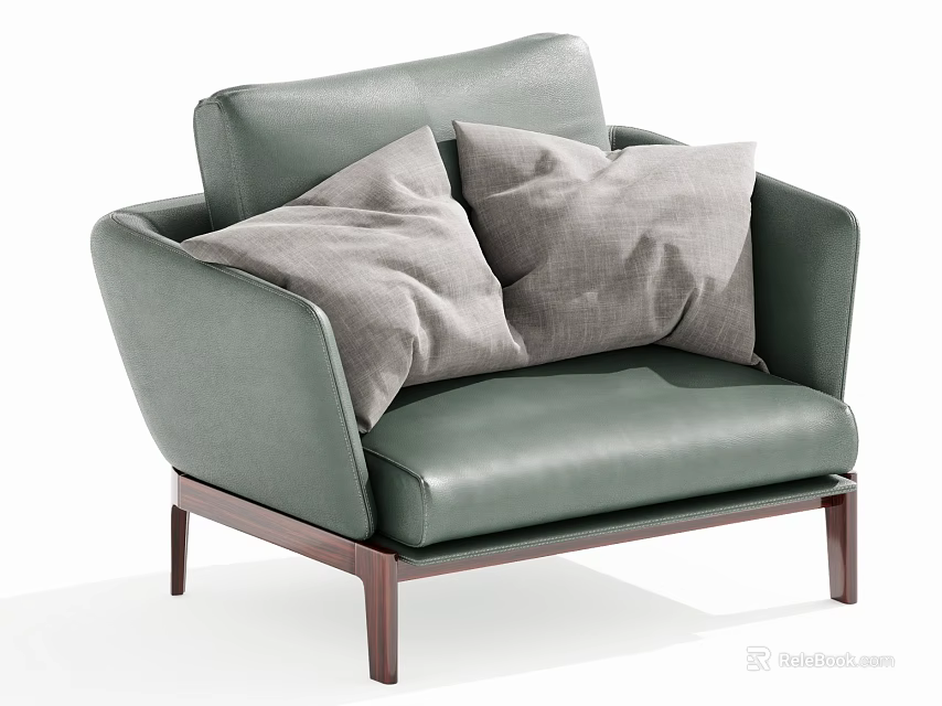 Modern Green Leather Single Sofa With Two Gray Pillows And Wooden Legs Design 3d model 
