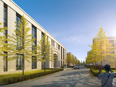 Modern Industrial Factory Building Exterior With Green Trees And Wide Road 3d model