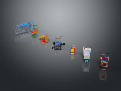 Various Retail Store Equipment Including Shopping Carts Shelves And Cash Registers 3d model