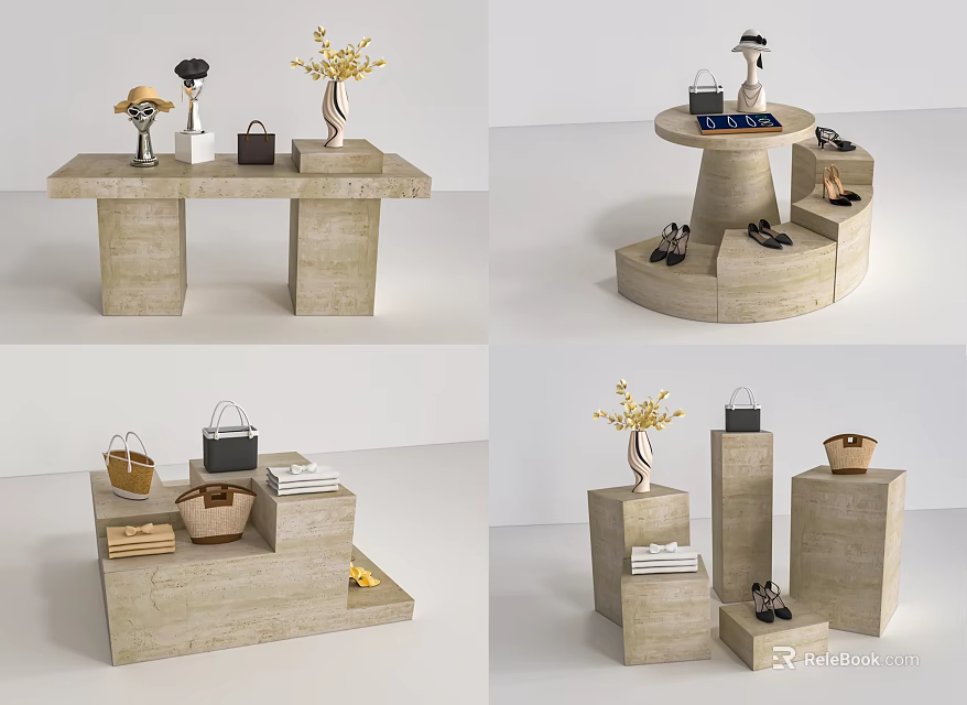 Modern Display Shelves With Staircase Round Designs And Decorative Handbags Shoes Vases 3d model 