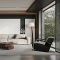 Modern Living Room Interior With Beige Sofa Black Armchair Coffee Table And Floor Lamp
