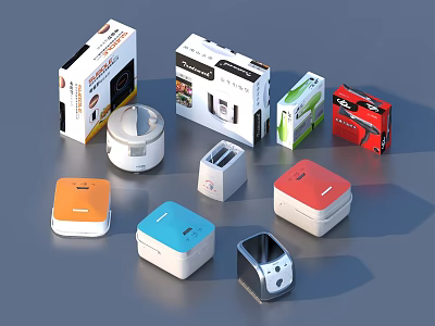 Colorful Small Kitchen Appliances Including Toaster Rice Cooker With Packaging Boxes 3d model
