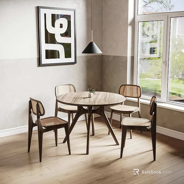 Round Wooden Dining Table With Four Rattan Chairs Modern Interior Pendant Light And Wall Art 3d model 