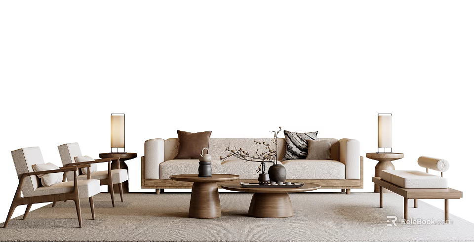 Modern Sofa Coffee Table Set With Beige Upholstery Wooden Top And Accent Pillows 3d model 