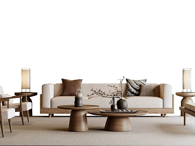 Modern Sofa Coffee Table Set With Beige Upholstery Wooden Top And Accent Pillows 3d model