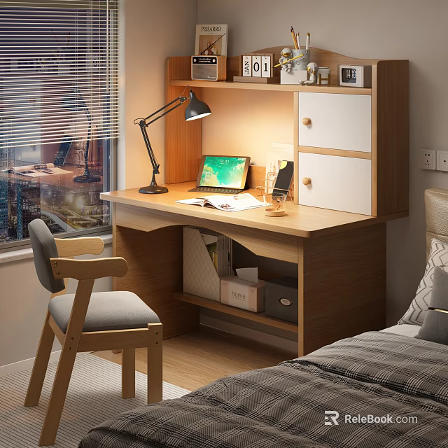 Modern Wooden Desk And Chair Set With Lamp Laptop Storage Shelf And Window In Bedroom 3d model 