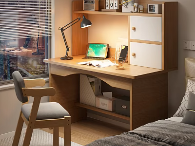 Modern Wooden Desk And Chair Set With Lamp Laptop Storage Shelf And Window In Bedroom 3d model