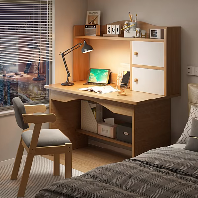 Modern Wooden Desk And Chair Set With Lamp Laptop Storage Shelf And Window In Bedroom 3d model