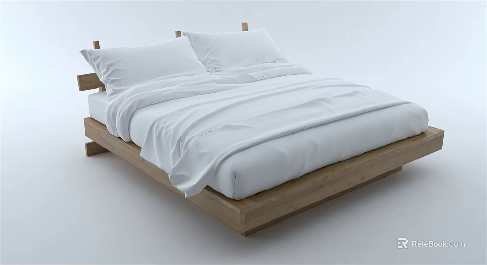 Minimalist Double Bed With Wooden Frame White Sheets And Two Pillows 3d model 