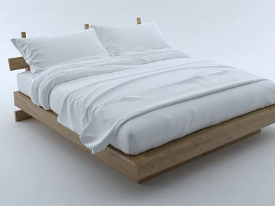 Minimalist Double Bed With Wooden Frame White Sheets And Two Pillows 3d model