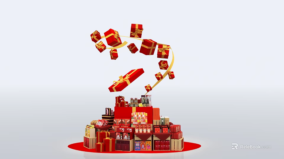 Red Gift Boxes With Golden Ribbons Stacked As A Tower With Products 3d model 