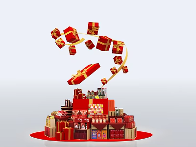 Red Gift Boxes With Golden Ribbons Stacked As A Tower With Products 3d model