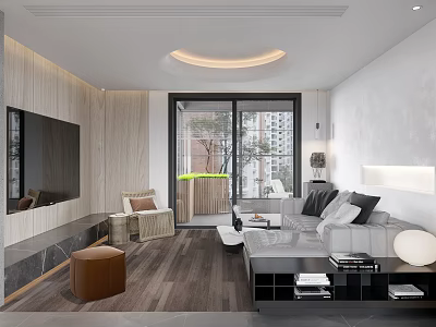 Modern Living Room Interior With TV Wall Sofa Floor to Ceiling Windows And Wooden Flooring 3d model