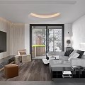 Modern Living Room Interior With TV Wall Sofa Floor to Ceiling Windows And Wooden Flooring