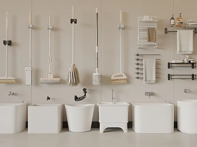 Wall Mounted Cleaning Tools Storage With Mops Brooms Shelves Towels And White Basins 3d model