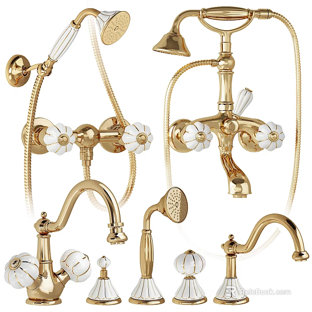 Elegant Gold Shower Faucet Set With Decorative Handles Fixed And Handheld Showerheads 3d model 