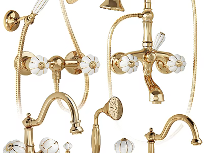 Elegant Gold Shower Faucet Set With Decorative Handles Fixed And Handheld Showerheads 3d model