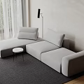 Modern Gray Sofa Coffee Table Set with Sheer Curtains Floor Lamp on Dark Carpet