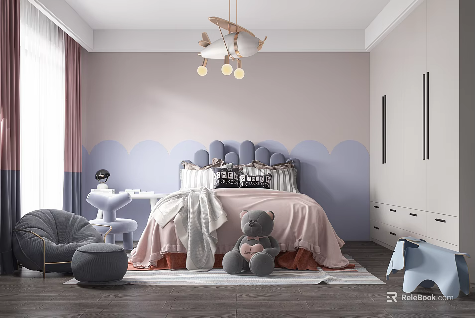 Kids Bedroom Interior With Cloud Shaped Headboard Airplane Chandelier And Stuffed Bear 3d model 