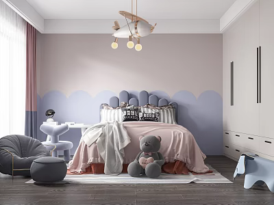 Kids Bedroom Interior With Cloud Shaped Headboard Airplane Chandelier And Stuffed Bear 3d model