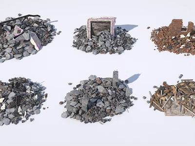 Various Construction Debris Piles With Stones Metal Wood And Concrete Fragments 3d model
