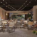 Modern Bar Interior Design With Steps Green Plants Tables Chairs And Pendant Lights