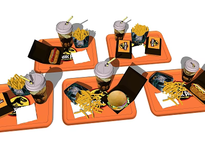 Orange Fast Food Meal Trays With Burger Fries And Cold Drinks 3d model