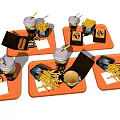 Orange Fast Food Meal Trays With Burger Fries And Cold Drinks