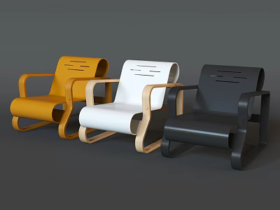 Modern Leisure Chair Designs in Yellow White Black with Wooden Frame and Curved Lines 3d model